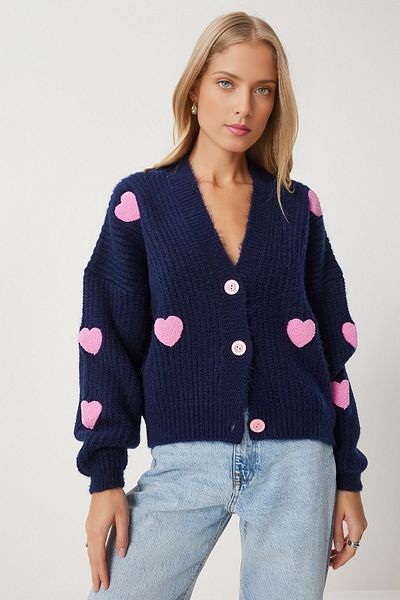 KURGAN TEKSTİL Oversize Navy Blue Knitwear Cardigan with Heart Motif