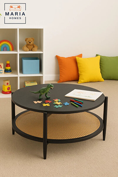 MARIA HOMES Large black round table with rattan shelf and wooden top