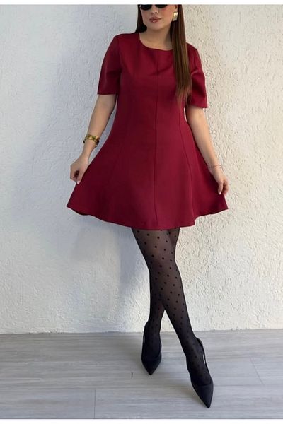 Gokilibutik Large Size Luxury Quality Double Fabric Short Sleeve Burgundy Godeli Dress