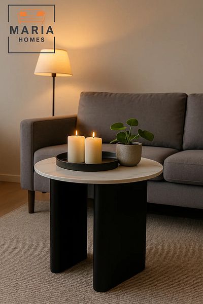 MARIA HOMES Compact Round Side Table with White Marble Top and Black Base Modern Accent Table for Any Room