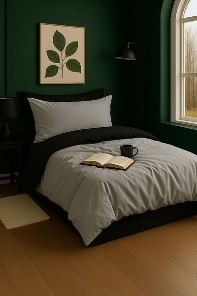 GARDEN ROOM Single Duvet Cover Set with Elastic Sheets Gray / Black