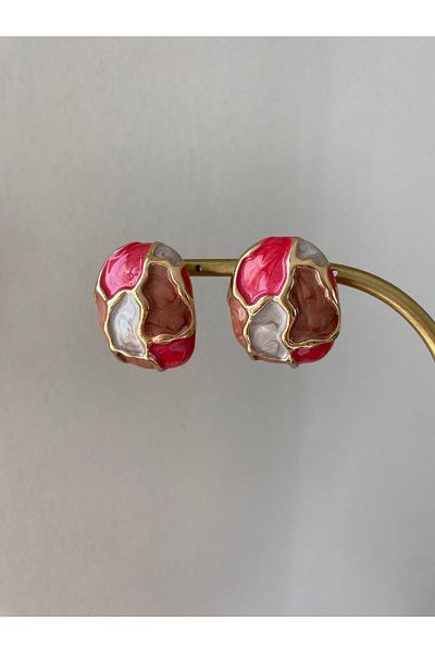 marsel aksesuar Pink Enamel Button Gold Earrings