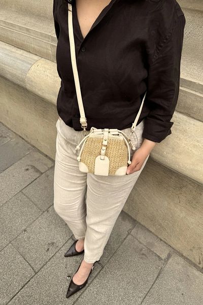 LEONAS Straw and Faux Leather Design Cross Women's Shoulder Bag Buch Cream