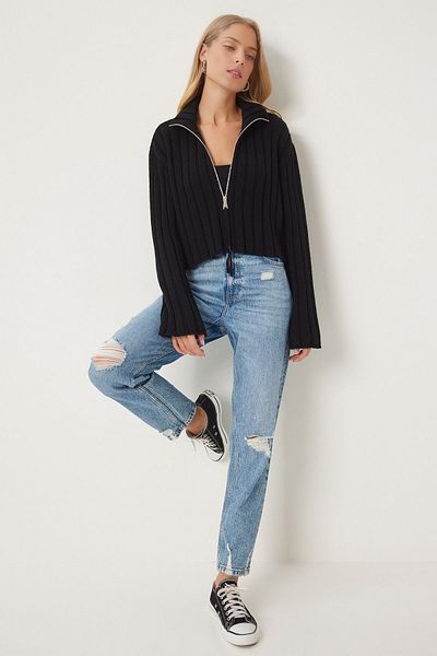 KURGAN TEKSTİL Women's Zippered Stand Collar Knitwear Cardigan
