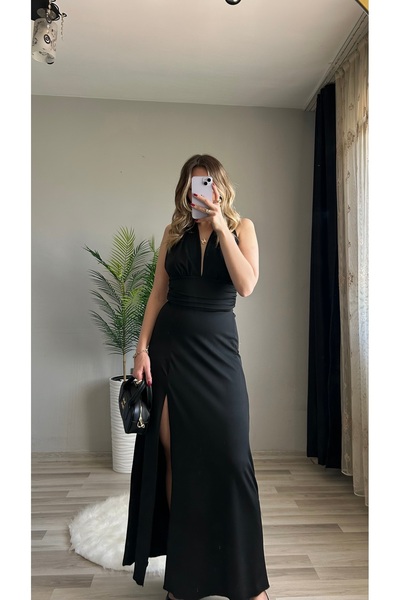 ensbutik Sırt Dekolteli Yırtmaçlı Uzun Elbise