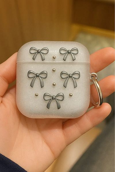 Fibaks AirPods 4Th Generation 2024 Compatible Glittery Transparent Bow Patterned Design Headphone Case with Clasp