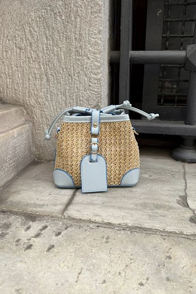 LEONAS Geantă de umăr pentru femei, cu design din paie și piele artificială, Buch Blue