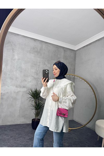 QUAWEAR Scalloped Collar Waist and Sleeve Lace up Shirt Tunic