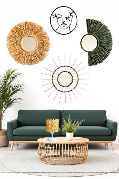 Bubihome Yeşil Rafya & Bambu Ayna & Bohem Pano 4'lü Set