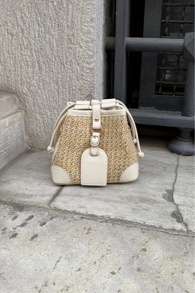 LEONAS Straw and Faux Leather Design Cross Women's Shoulder Bag Buch Cream