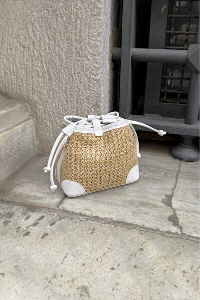 LEONAS Γυναικεία τσάντα ώμου από ψάθινο και συνθετικό δέρμα Buch White