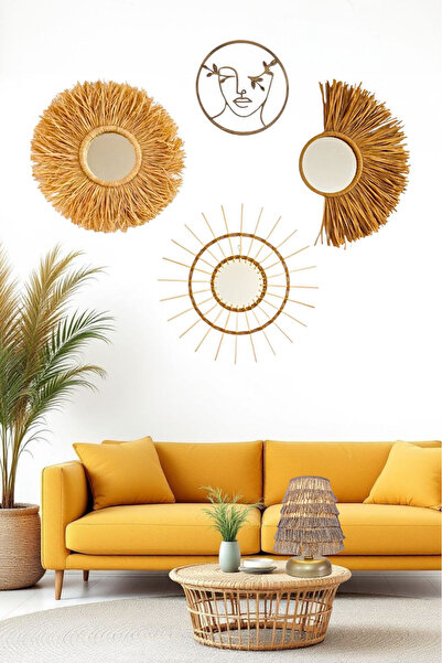 Bubihome Koyu Hardal Rafya & Bambu Ayna & Bohem Pano 4'lü Set