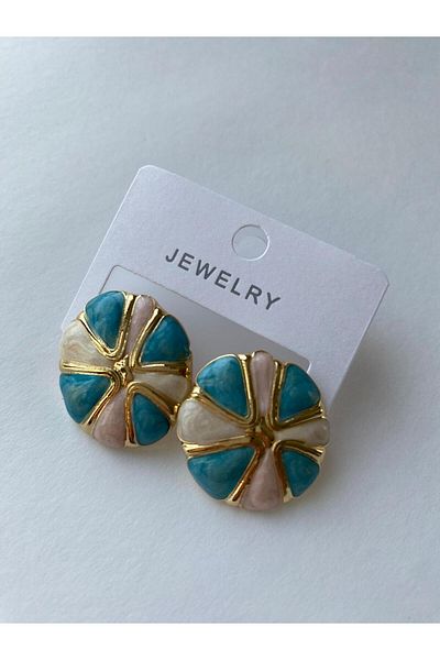 marsel aksesuar Turquoise Flower Button Gold Earrings