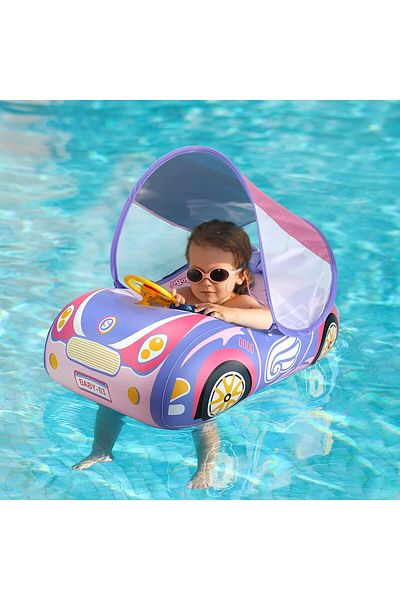 bebeLOGIC Swimming ring with sunshade for babies and children, inflatable car, purple, suitable for 1-4 years