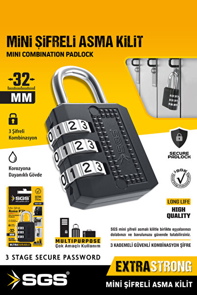 SGS Asma Kilit Mini Şifreli 32mm - 3 Şifreli Kombinasyon - Çok Amaçlı Kullanı...