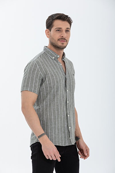 Klothy Ανδρικό κοντομάνικο ριγέ λινό πουκάμισο 2585