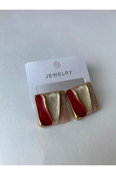 marsel aksesuar Pink Colorful Enameled Gold Square Earrings