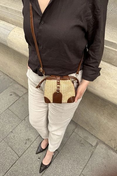 LEONAS Straw and Faux Leather Design Cross Women's Shoulder Bag Buch Taba