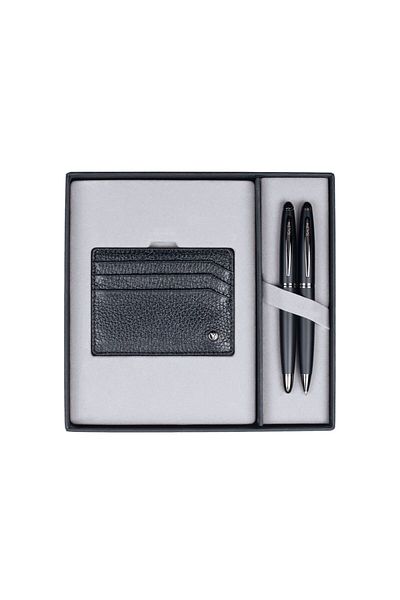 Scrikss Dr237 Gift Set Fountain Pen - Ballpoint Pen 88 Matte Black & Credit Card Holder Black