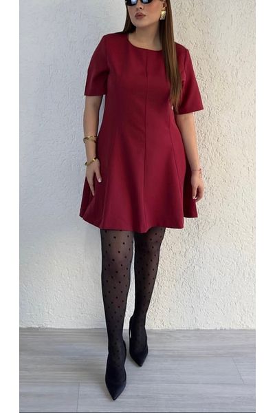 Gokilibutik Large Size Luxury Quality Double Fabric Short Sleeve Burgundy Godeli Dress