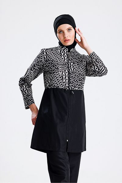 medipek Water Repellent Parachute Hijab Swimsuit Black White
