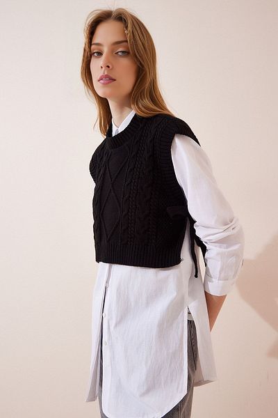 KURGAN TEKSTİL Women's Crew Neck Tie-Up Crop Knitwear Sweater