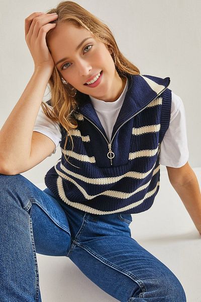 KURGAN TEKSTİL Women's Turtleneck Zipper Knitwear Striped Sweater