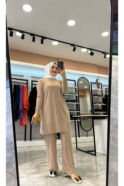 Afili Women's Beige Color Sandy Suit with Side Pockets and Elastic Waist Trousers