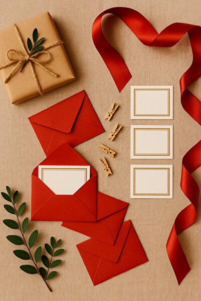 Emtory Home 10 Adet Mandallı Kırmızı Zarflı Not Kartı Seti- Hediye Kartı - Te...