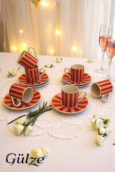 GÜLZE HOME 6 Person (12 Pieces) Rosabella Model Luxury Coffee Cup Set (Special Design, Real Porcelain)