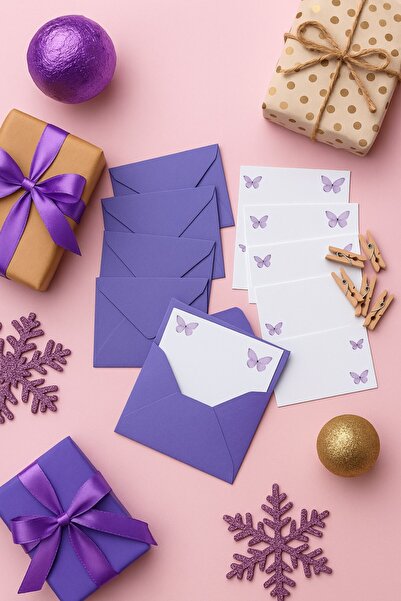 Emtory Home 15 Adet Mor Zarf ve Mandallı Kelebek Kart - Hediye Paketleme Kart...