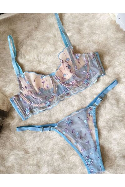 Lotiva Wear Kadın Mavi Mor Çiçekli Bralet Takımı