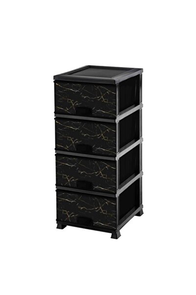 Omnipazar ELF-N298 Siyah Mermer Desenli Plastik Mutfak Komidin Sebzelik 4 Katlı