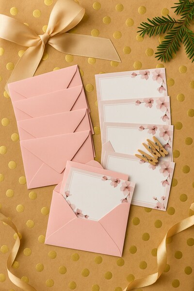 Emtory Home 15 Adet Pembe Zarf ve Mandallı Pembe Çiçekli Kart - Hediye Paketl...