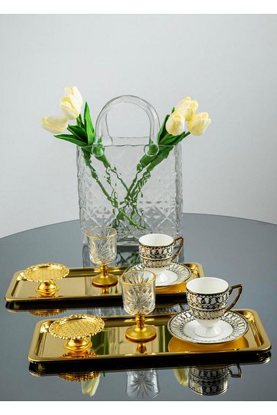 Yaren Style Set of 2 Luxury Stainless Steel Gold Baton Trays – Decorative S for Tea, Coffee, Cake, Presentation and Dowry