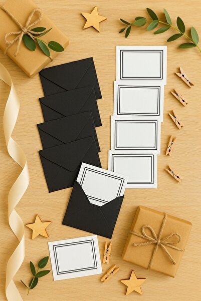 Emtory Home 15 Adet Siyah Zarf ve Mandallı Siyah Çizgili Kart- Hediye Paketleme Kartı   - Not Kartı 1.Hamur