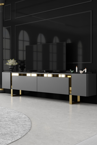 Modatte YILDIZ GOLD METAL AYAKLI GOLD TASARIM ANTRASİT TV SEHPASI
