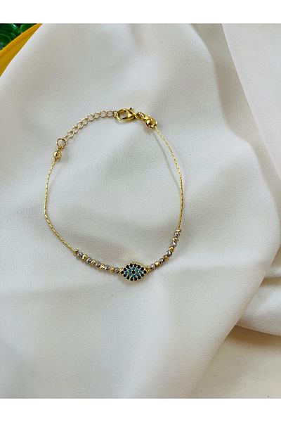 PONÇİK ACCESSORİES Gold color anklet with evil eye beads and dorica (average size is 20 cm)