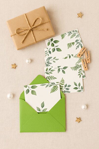 Emtory Home 15 Adet Yeşil Zarf ve Mandallı Yeşil Çiçekli Kart - Hediye Paketl...