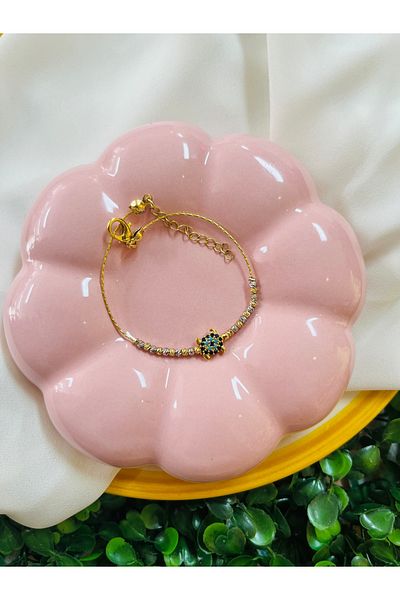 PONÇİK ACCESSORİES Gold color anklet with evil eye beads and dorica (average size is 20 cm)