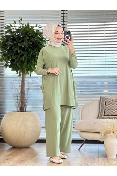 Afili Women's Sandy Suit with Side Pockets and Elastic Waist Trousers