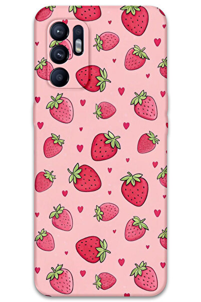 Gramaphone Oppo Reno 6 Uyumlu Çilek Desenli Telefon Kılıfı + Ekran Koruyucu -...