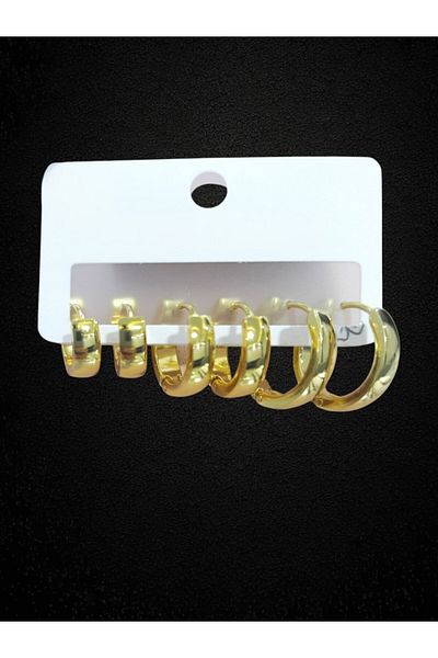 Tasarım Steel Earrings 3-Piece Simple Cornered Curved Hoop Model Earrings 3 mm Thickness Gold Yellow Gold