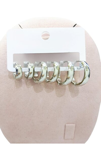 Tasarım Çelik Küpe 3'lü Sade Köşeli Kavisli Halka Model Küpe 4 mm Kalınlık Gümüş Silver