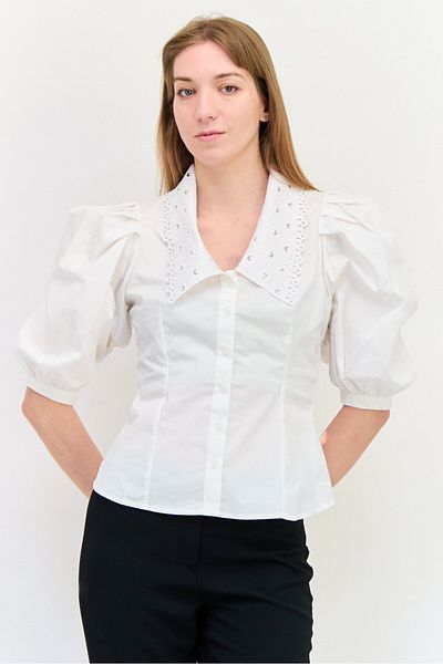 Salsa Women Peterpan Collar Elbow Sleeves Plain Blouse, White