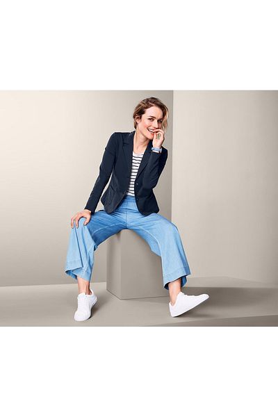 Tchibo Women Regular Fit Notched Collar Plain Casual Blazer, Navy Blue