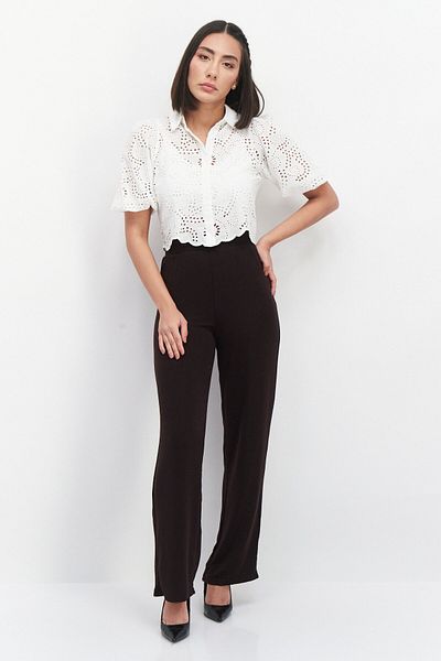PIECES Women High Waist Stretchable Textured Palazzo Pants, Brown