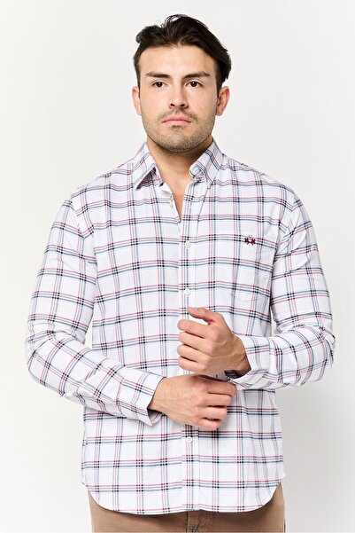 La Martina قميص رجالي كاجوال منقوش بأكمام طويلة ومقاس مناسب، متعدد الألوان