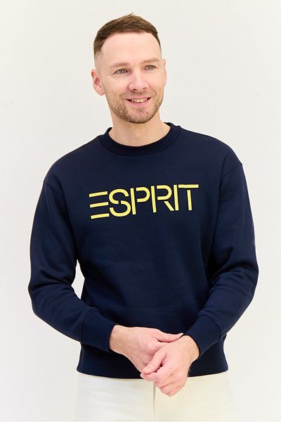 Esprit Men Ribbed Collar Long Sleeves Brand Logo Sweatshirts, Dark Navy