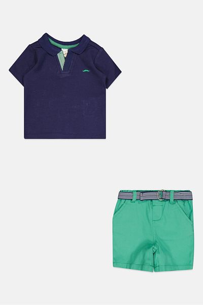 Little Gent Toddlers Boy 2 Piece Embroidered Logo Polo Shirt And Belted Short, Multicolor